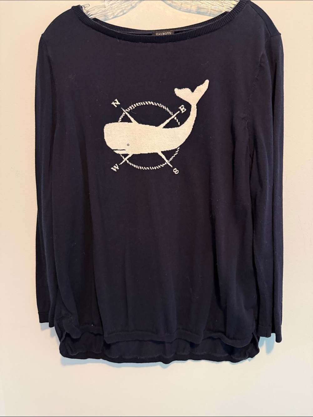 Talbots Navy Blue Crewneck Sweater with White Whale Motif